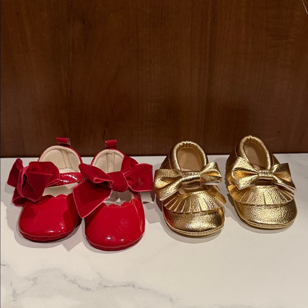 Red and Gold Bow Kids Shoes (NWOT)